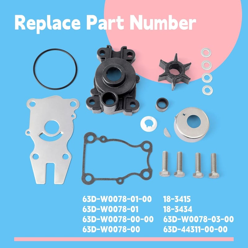 GLOXTED 63D-W0078-01-00 63D-44311-00-00 Water Pump Impeller Kit with Housing Compatible with Yamaha 40 50 60 HP for 2 or 4 Stroke Outboard for Sierra 18-3415 18-3434 Replace 63D-W0078-00-00 63D-W0078-0A-00 - Image 2